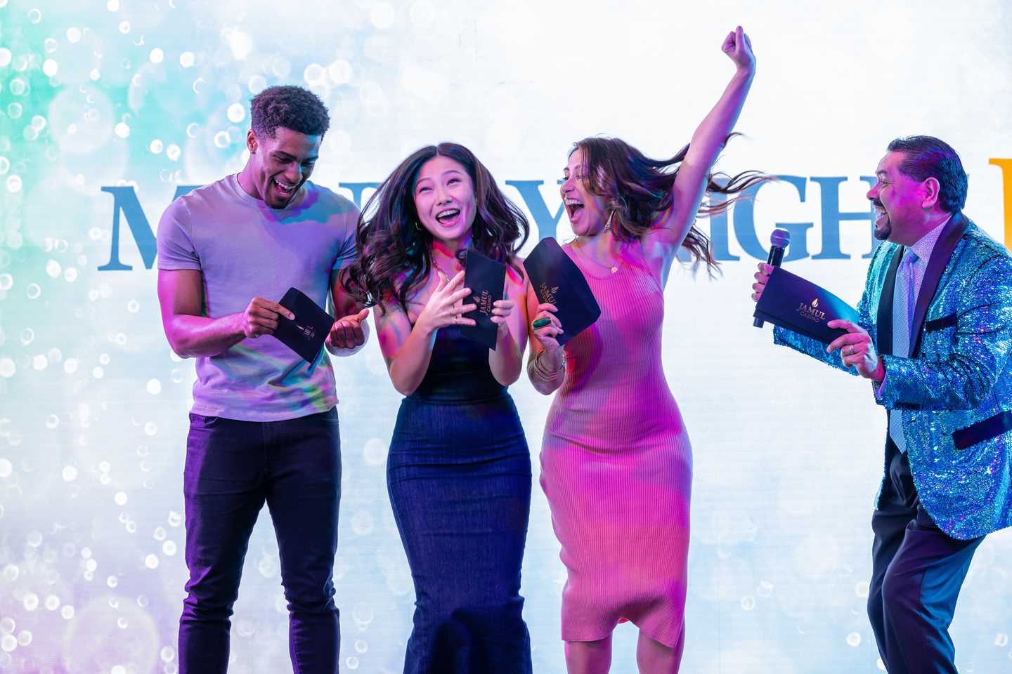 Jamul Casino Resort's vibrant JiVe Lounge, showcasing a lively atmosphere with guests enjoying live entertainment, drinks, and socializing.